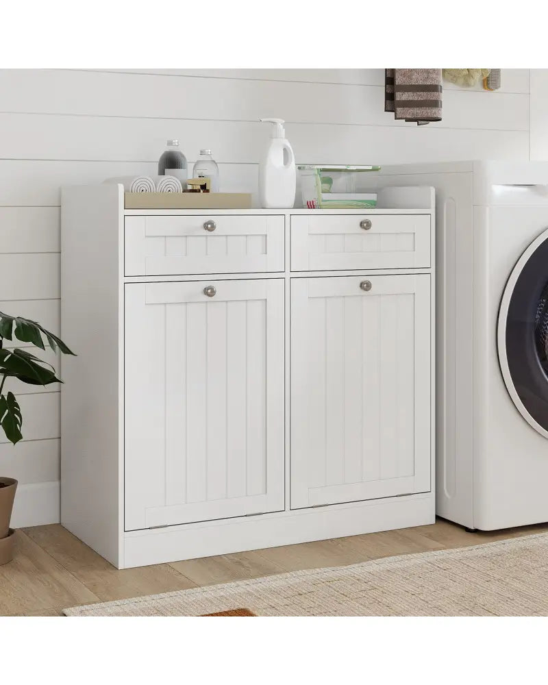Double Tilt-Out Laundry Hamper Cabinet with 2 Drawers and Removable Laundry Bags-White - White - Laundry Baskets