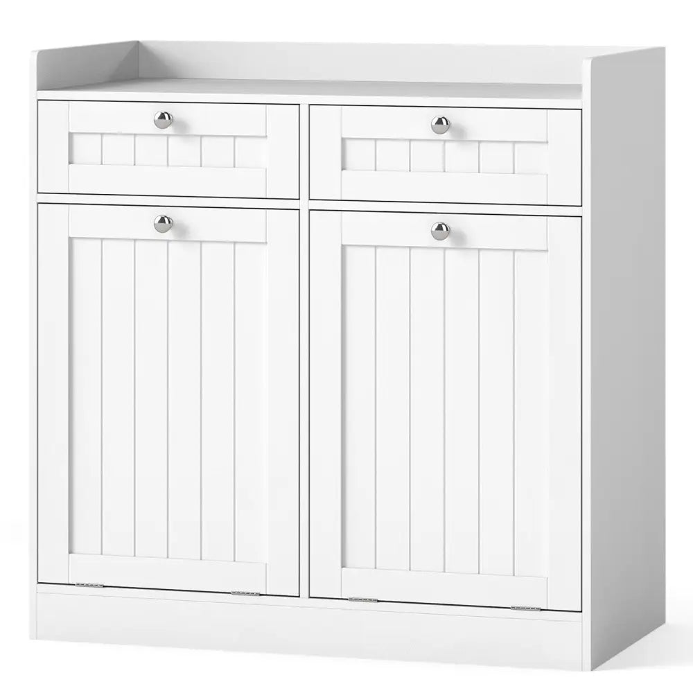 Double Tilt-Out Laundry Hamper Cabinet with 2 Drawers and Removable Laundry Bags-White - White - Laundry Baskets
