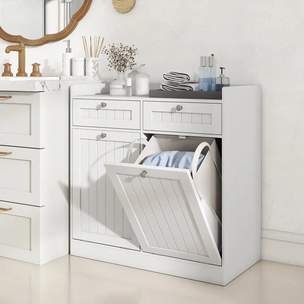 Double Tilt-Out Laundry Hamper Cabinet with 2 Drawers and Removable Laundry Bags-White - White - Laundry Baskets