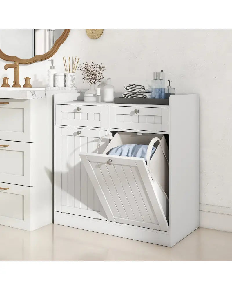 Double Tilt-Out Laundry Hamper Cabinet with 2 Drawers and Removable Laundry Bags-White - White - Laundry Baskets