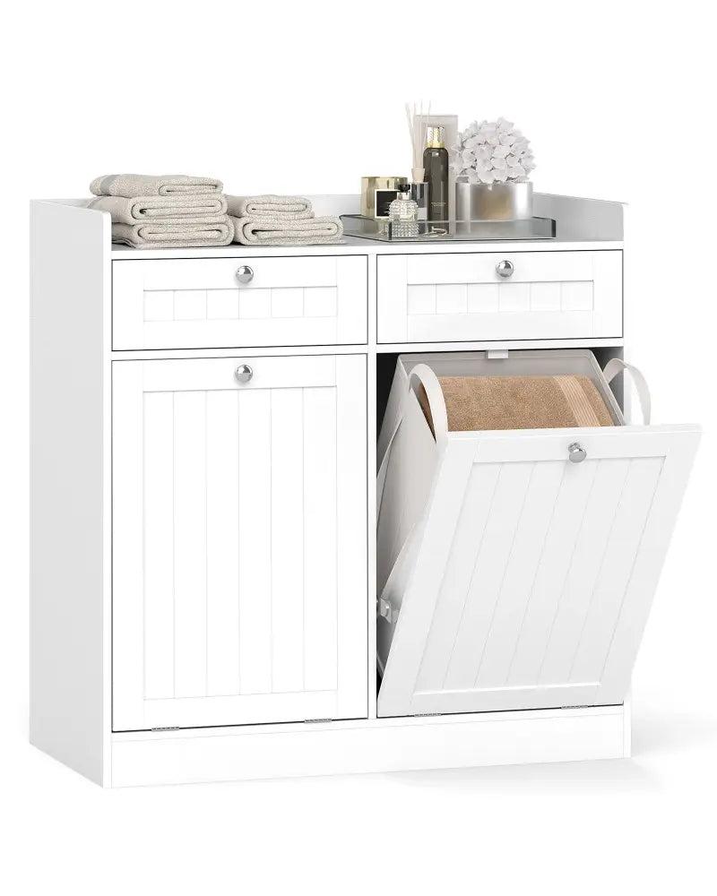 Double Tilt-Out Laundry Hamper Cabinet with 2 Drawers and Removable Laundry Bags-White - White - Laundry Baskets