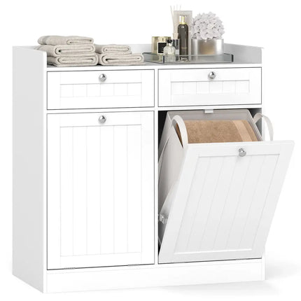 Double Tilt-Out Laundry Hamper Cabinet with 2 Drawers and Removable Laundry Bags-White - White - Laundry Baskets