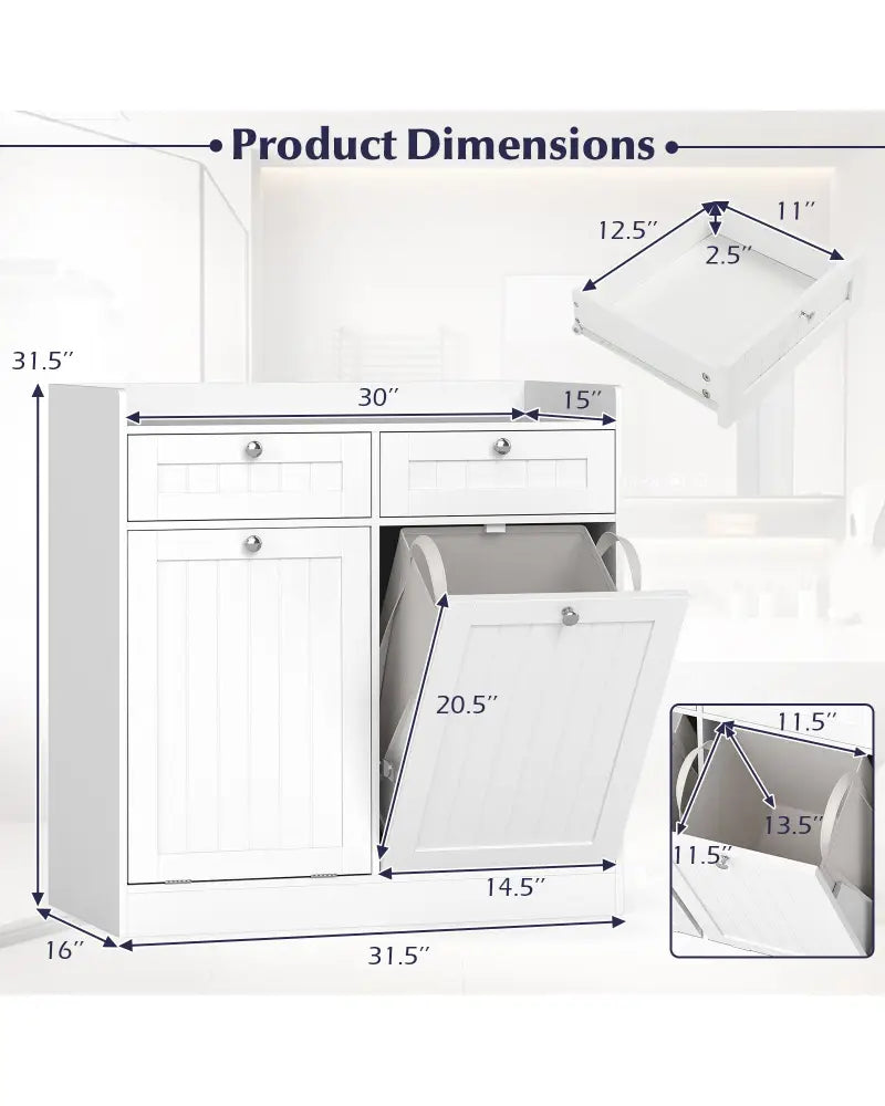 Double Tilt-Out Laundry Hamper Cabinet with 2 Drawers and Removable Laundry Bags-White - White - Laundry Baskets