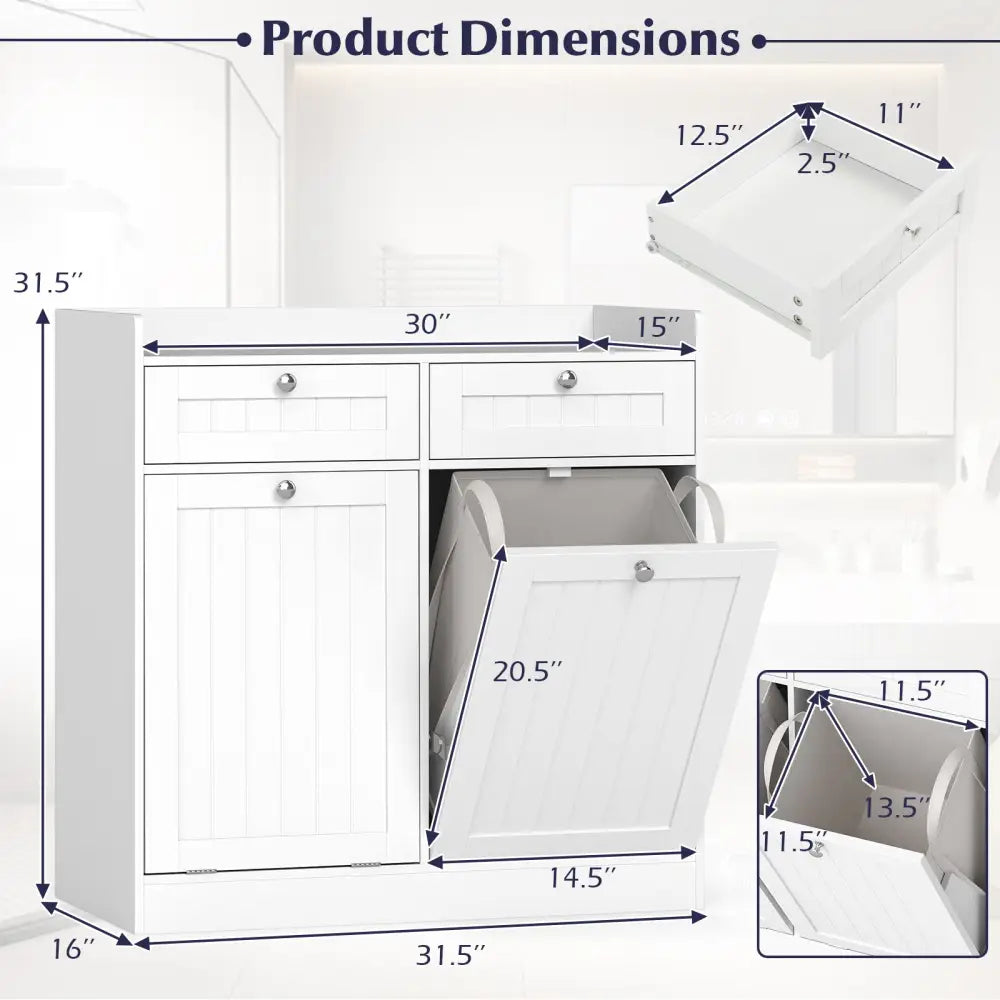 Double Tilt-Out Laundry Hamper Cabinet with 2 Drawers and Removable Laundry Bags-White - White - Laundry Baskets
