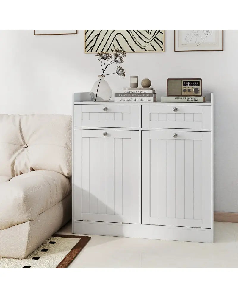 Double Tilt-Out Laundry Hamper Cabinet with 2 Drawers and Removable Laundry Bags-White - White - Laundry Baskets