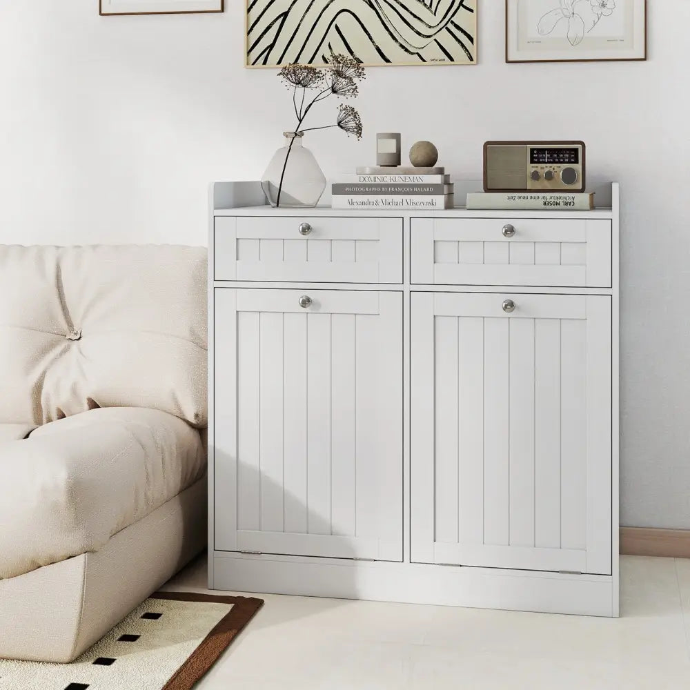 Double Tilt-Out Laundry Hamper Cabinet with 2 Drawers and Removable Laundry Bags-White - White - Laundry Baskets