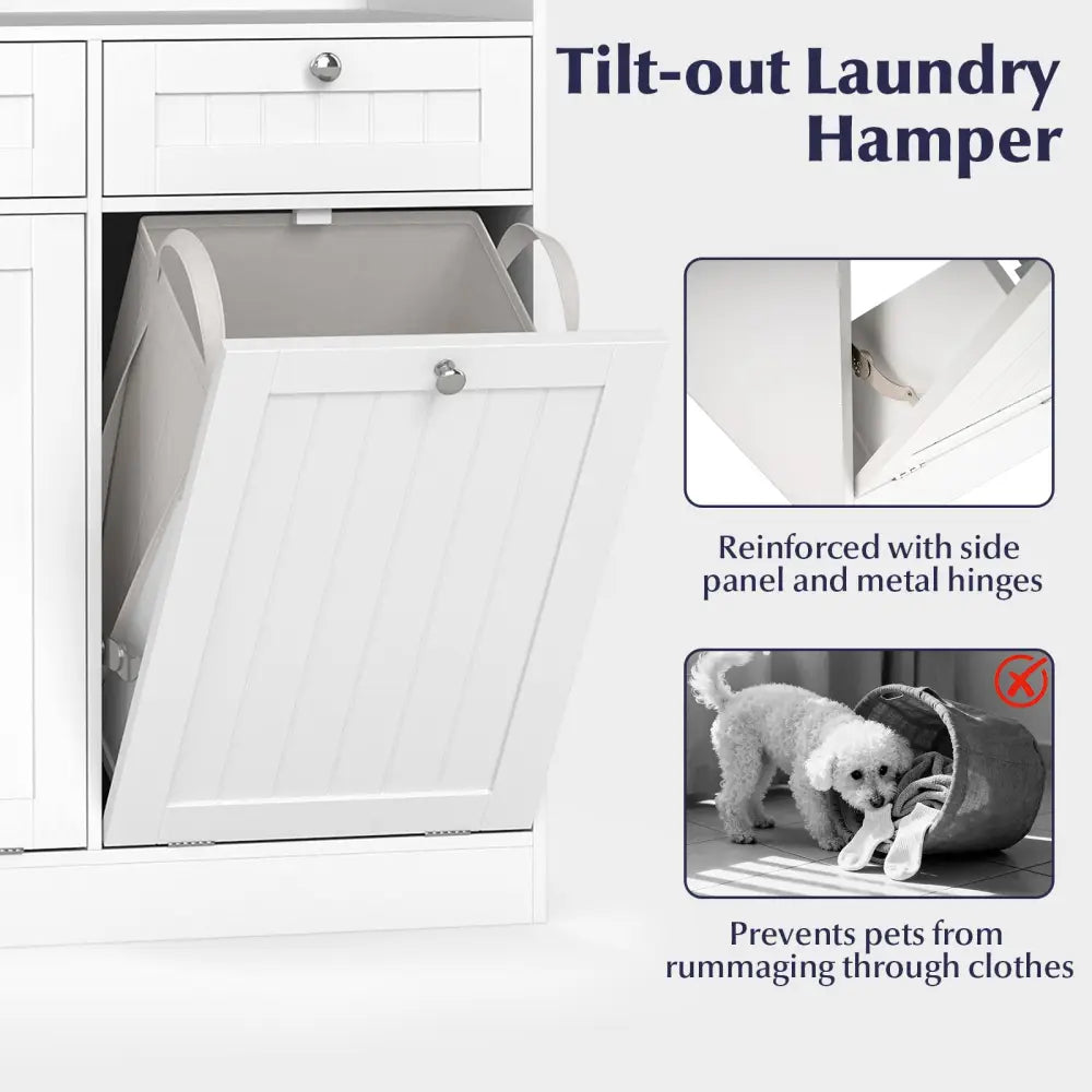 Double Tilt-Out Laundry Hamper Cabinet with 2 Drawers and Removable Laundry Bags-White - White - Laundry Baskets