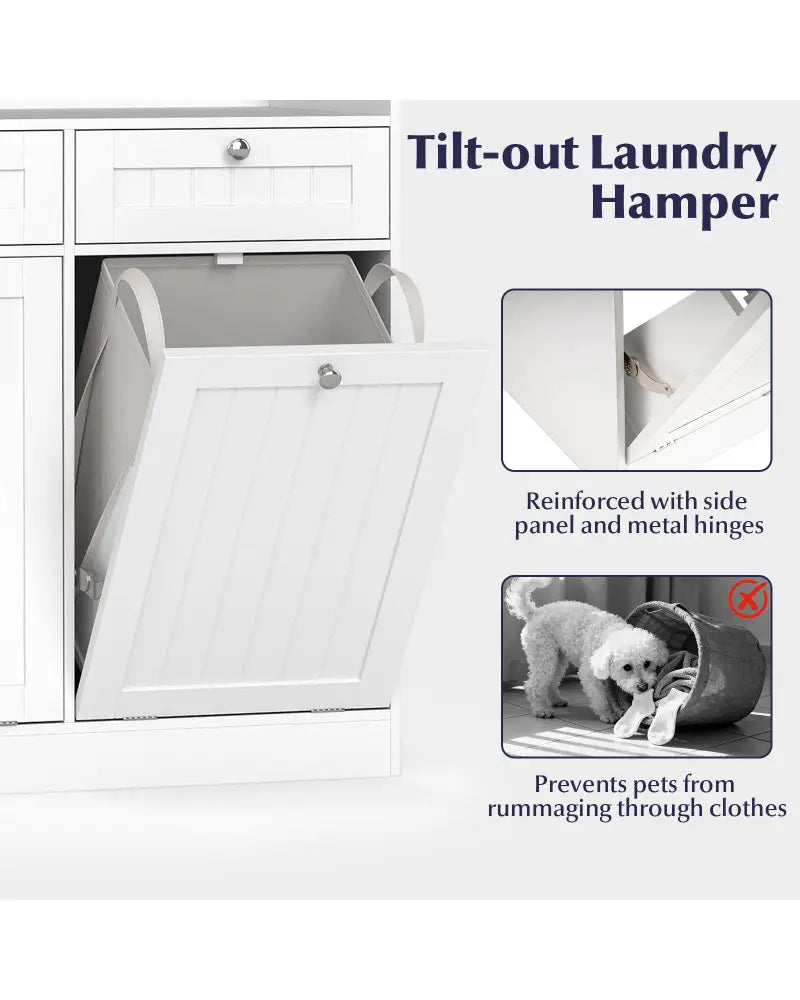 Double Tilt-Out Laundry Hamper Cabinet with 2 Drawers and Removable Laundry Bags-White - White - Laundry Baskets