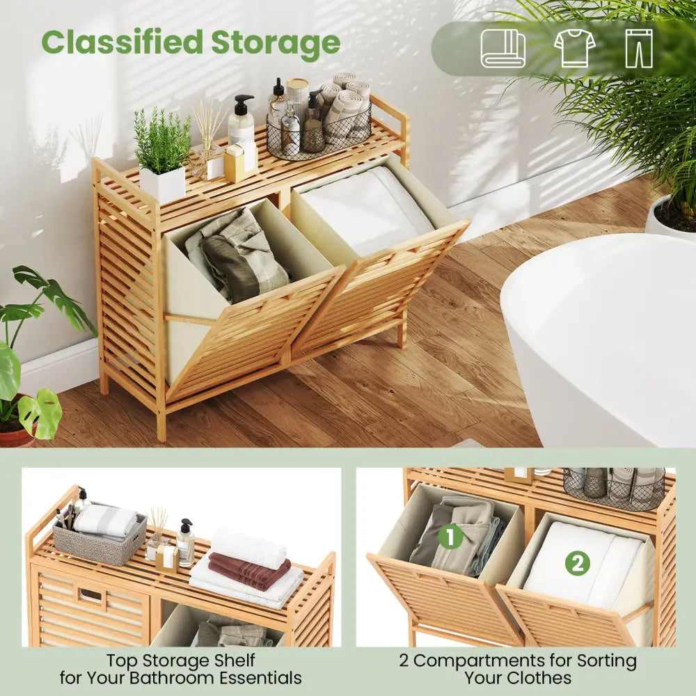 Double Tilt-out Laundry Hamper with 2 Removable Bins-Natural - Natural - Laundry Baskets