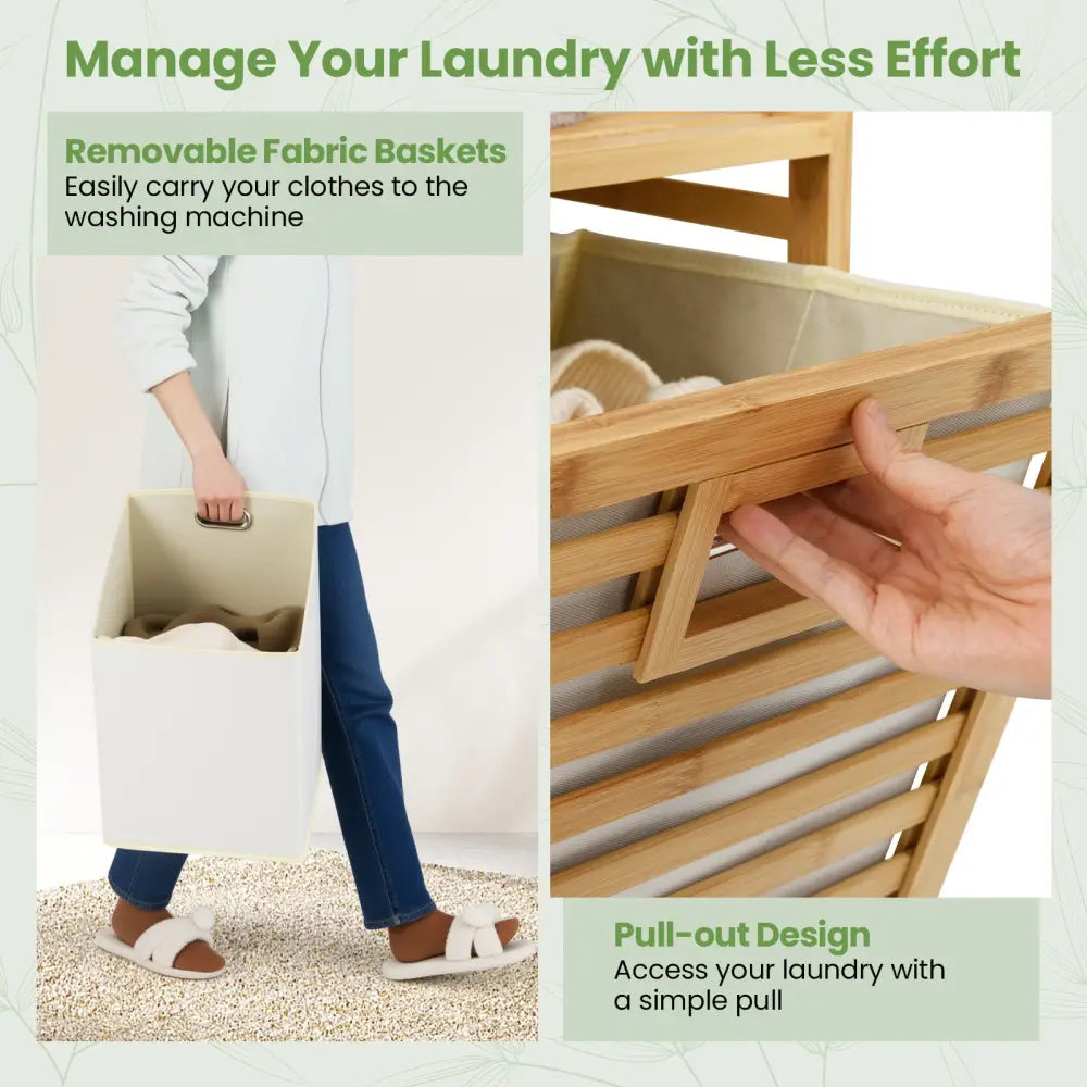 Double Tilt-out Laundry Hamper with 2 Removable Bins-Natural - Natural - Laundry Baskets