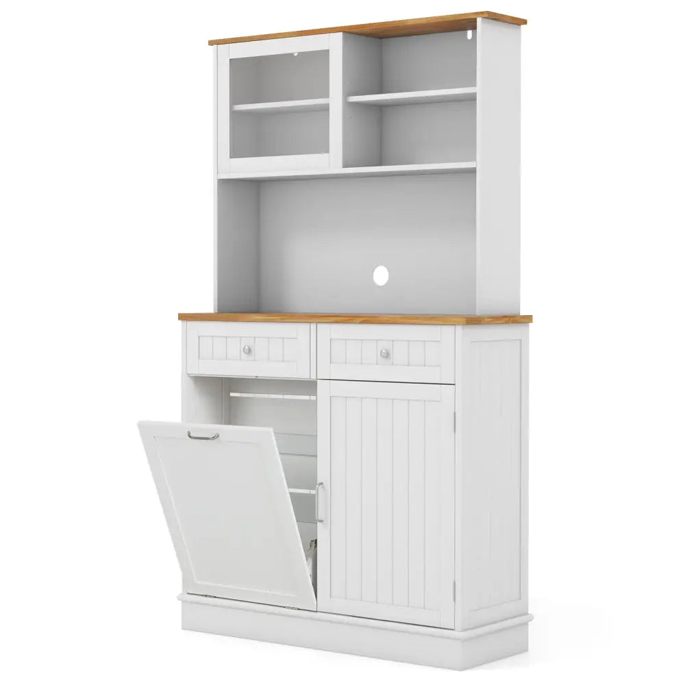 Double Tilt Out Trash Cabinet with Hutch and Rubber Wood Countertop - White - Sideboards Cabinets & Buffets
