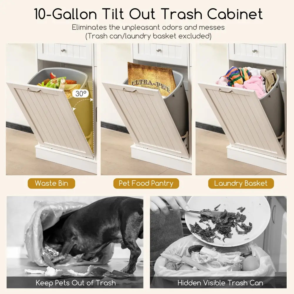 Double Tilt Out Trash Cabinet with Hutch and Rubber Wood Countertop - White - Sideboards Cabinets & Buffets