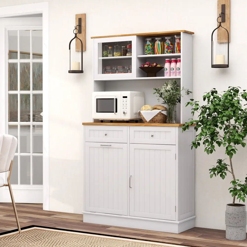 Double Tilt Out Trash Cabinet with Hutch and Rubber Wood Countertop - White - Sideboards Cabinets & Buffets