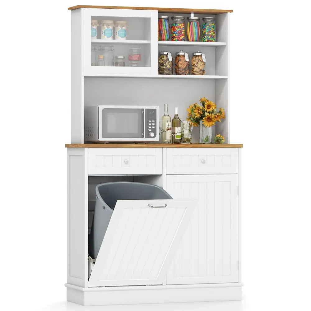 Double Tilt Out Trash Cabinet with Hutch and Rubber Wood Countertop - White - Sideboards Cabinets & Buffets