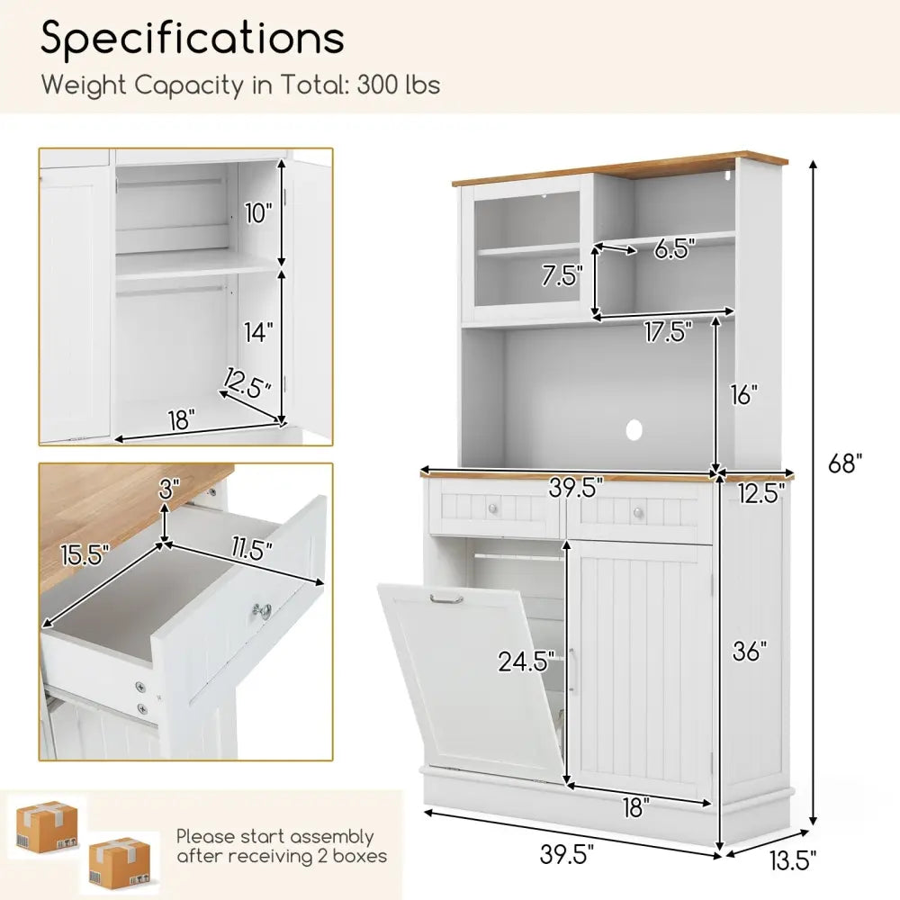 Double Tilt Out Trash Cabinet with Hutch and Rubber Wood Countertop - White - Sideboards Cabinets & Buffets