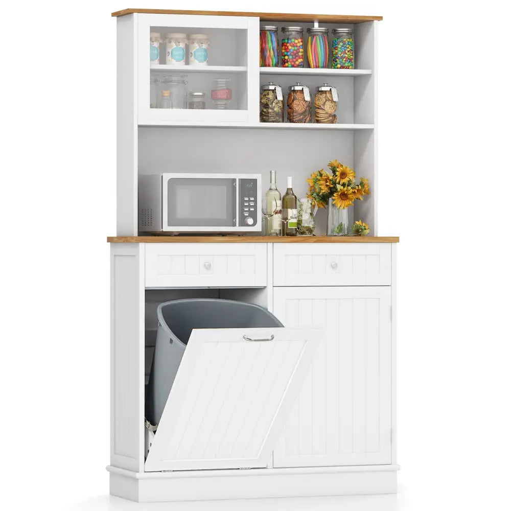Double Tilt Out Trash Cabinet with Hutch and Rubber Wood Countertop - White - Sideboards Cabinets & Buffets