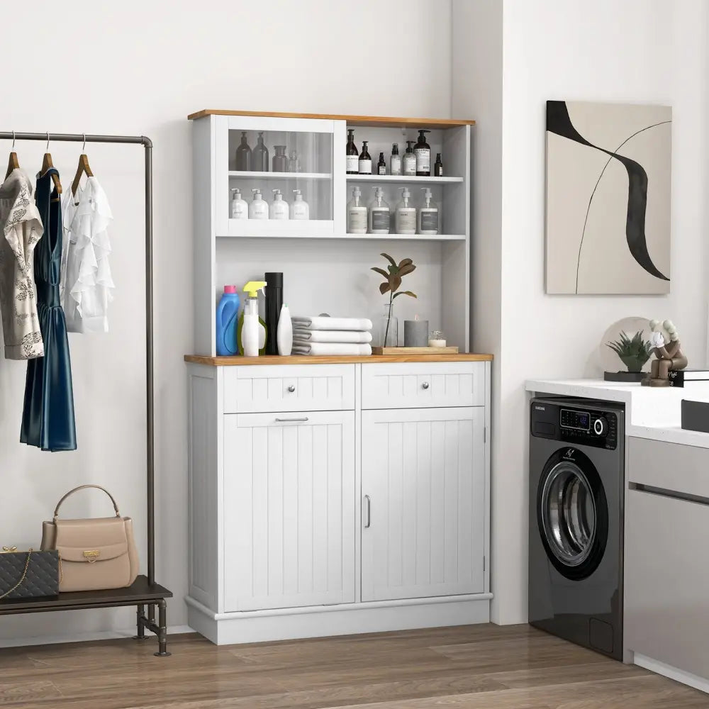 Double Tilt Out Trash Cabinet with Hutch and Rubber Wood Countertop - White - Sideboards Cabinets & Buffets