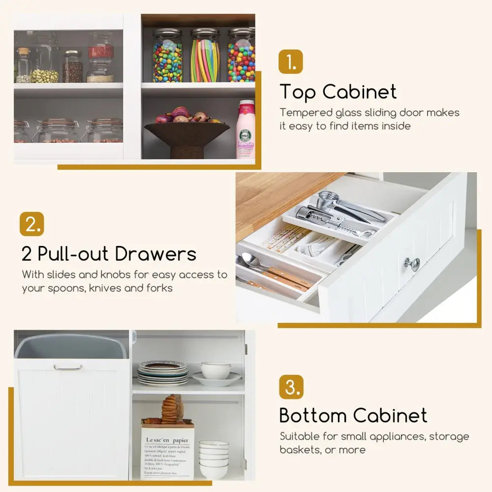 Double Tilt Out Trash Cabinet with Hutch and Rubber Wood Countertop - White - Sideboards Cabinets & Buffets