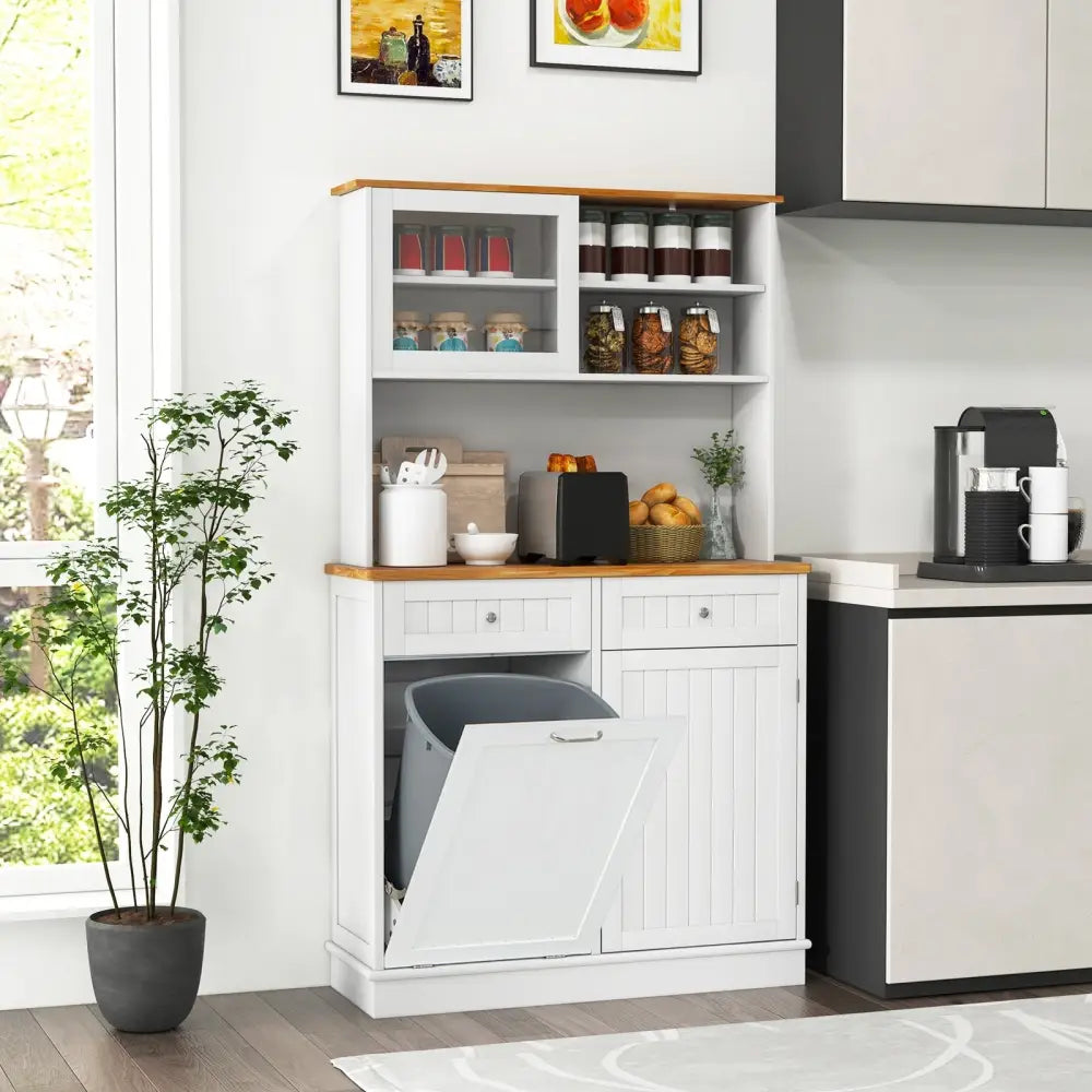 Double Tilt Out Trash Cabinet with Hutch and Rubber Wood Countertop - White - Sideboards Cabinets & Buffets