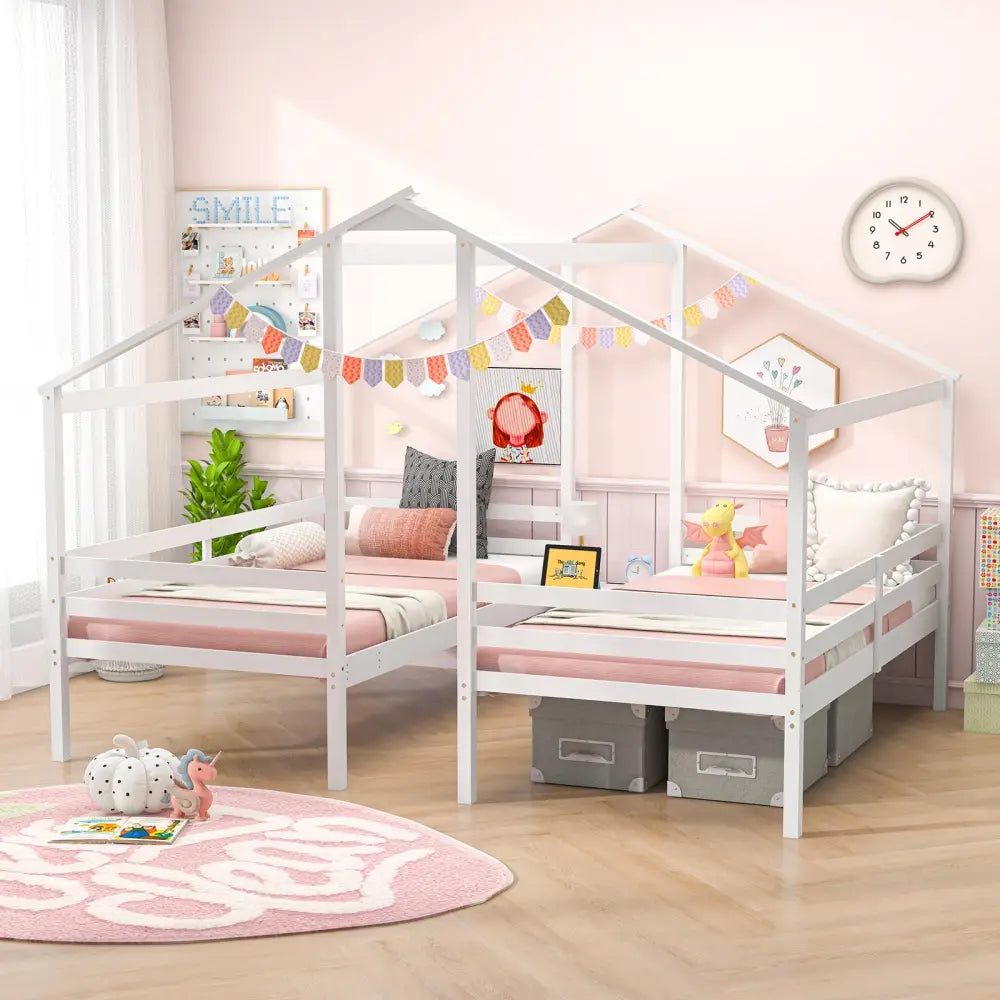 Double Twin Size Wooden Bed Frames with Built-in Table for Kids-White - White - Toddler Beds