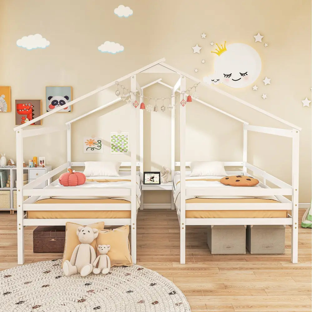 Double Twin Size Wooden Bed Frames with Built-in Table for Kids-White - White - Toddler Beds