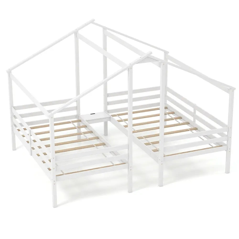 Double Twin Size Wooden Bed Frames with Built-in Table for Kids-White - White - Toddler Beds