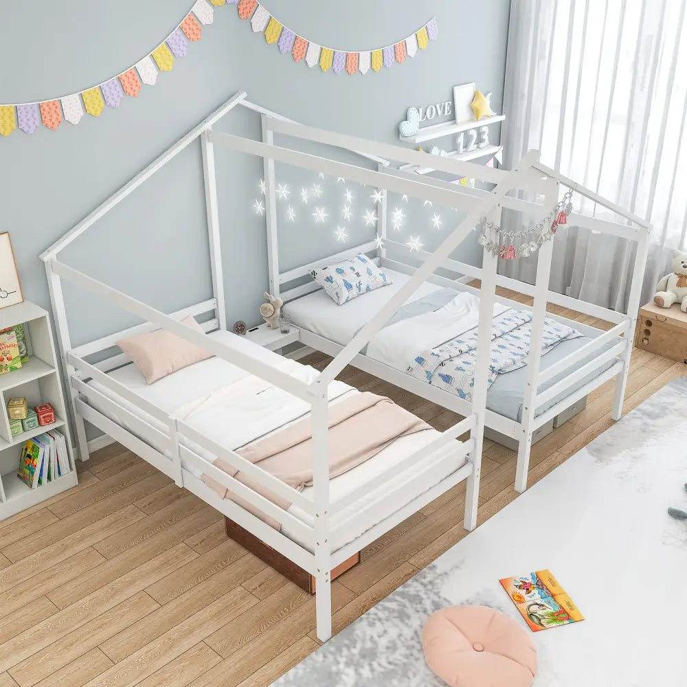 Double Twin Size Wooden Bed Frames with Built-in Table for Kids-White - White - Toddler Beds