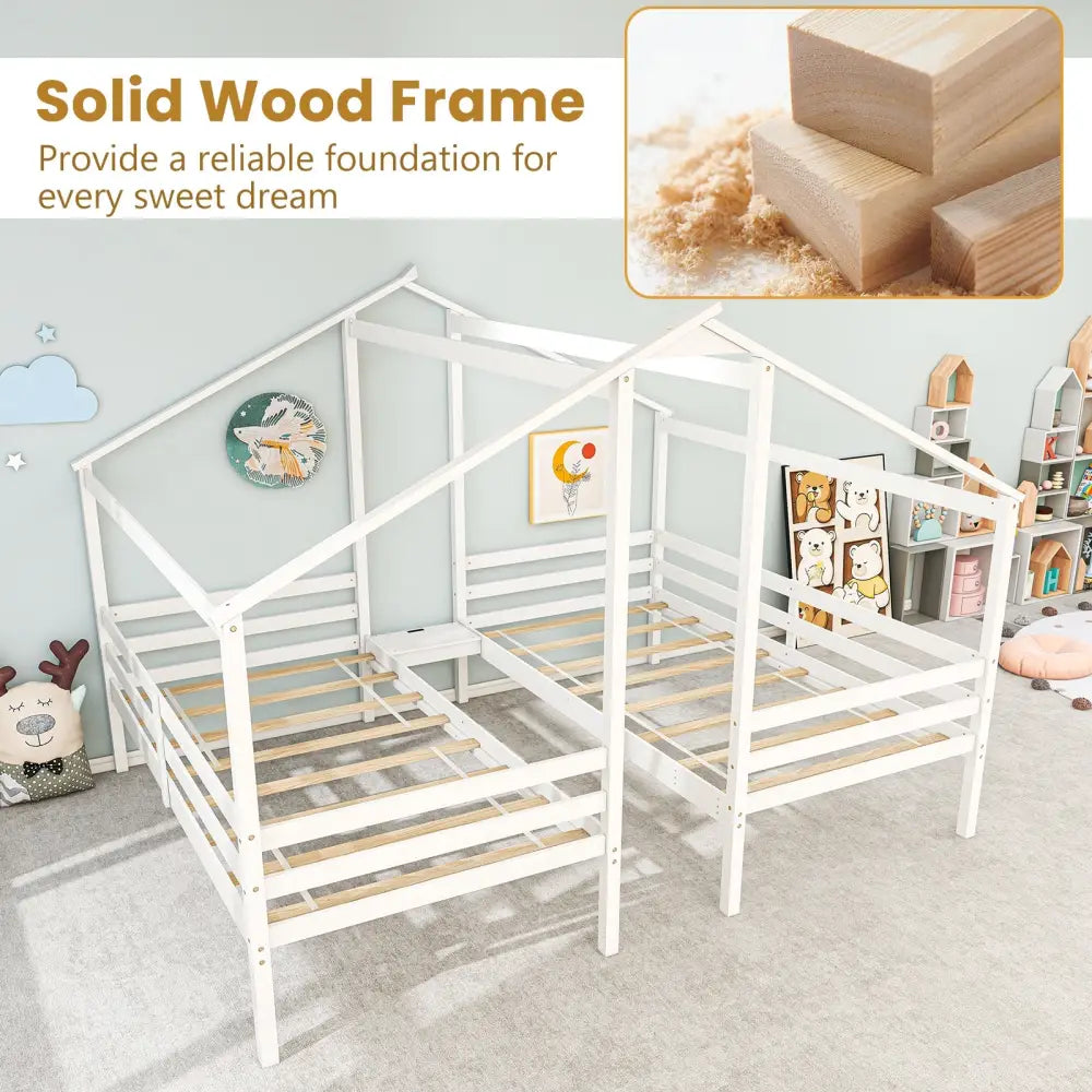 Double Twin Size Wooden Bed Frames with Built-in Table for Kids-White - White - Toddler Beds