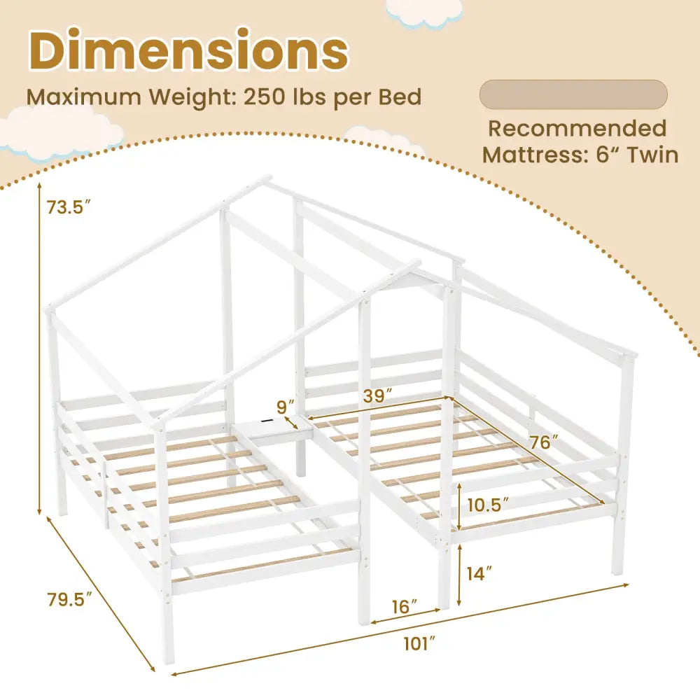 Double Twin Size Wooden Bed Frames with Built-in Table for Kids-White - White - Toddler Beds