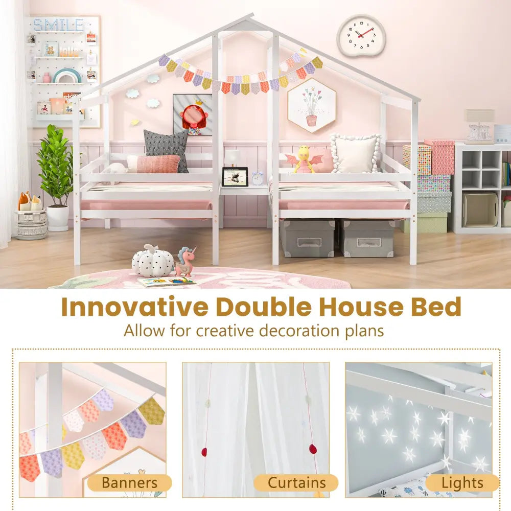 Double Twin Size Wooden Bed Frames with Built-in Table for Kids-White - White - Toddler Beds