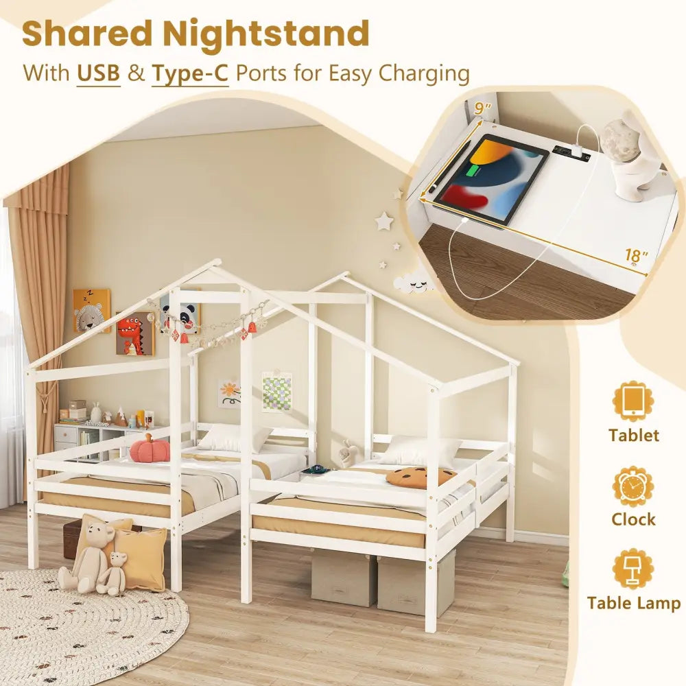 Double Twin Size Wooden Bed Frames with Built-in Table for Kids-White - White - Toddler Beds