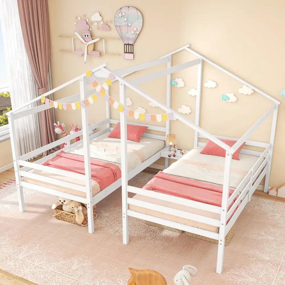 Double Twin Size Wooden Bed Frames with Built-in Table for Kids-White - White - Toddler Beds