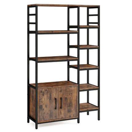 Double Wide 8-Tier Bookshelf with 2-Door Cabinet for Living Room Home Office-Rustic Brown - Rustic Brown - Bookcases