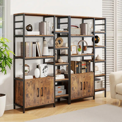 Double Wide 8-Tier Bookshelf with 2-Door Cabinet for Living Room Home Office-Rustic Brown - Rustic Brown - Bookcases