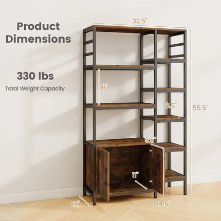 Double Wide 8-Tier Bookshelf with 2-Door Cabinet for Living Room Home Office-Rustic Brown - Rustic Brown - Bookcases