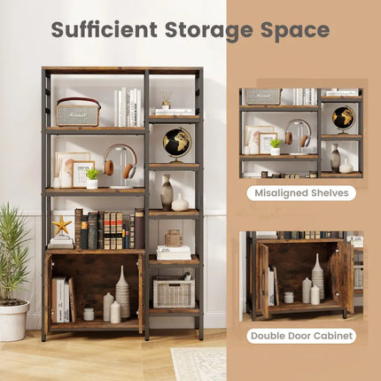 Double Wide 8-Tier Bookshelf with 2-Door Cabinet for Living Room Home Office-Rustic Brown - Rustic Brown - Bookcases