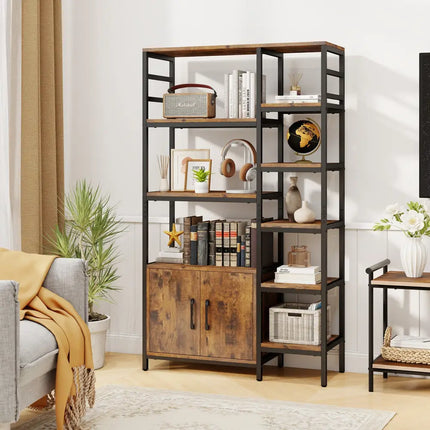 Double Wide 8-Tier Bookshelf with 2-Door Cabinet for Living Room Home Office-Rustic Brown - Rustic Brown - Bookcases