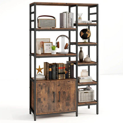 Double Wide 8-Tier Bookshelf with 2-Door Cabinet for Living Room Home Office-Rustic Brown - Rustic Brown - Bookcases