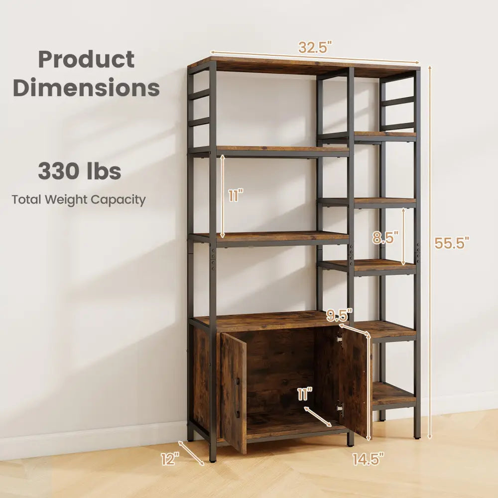 Double Wide 8-Tier Bookshelf with 2-Door Cabinet for Living Room Home Office-Rustic Brown - Rustic Brown - Bookcases