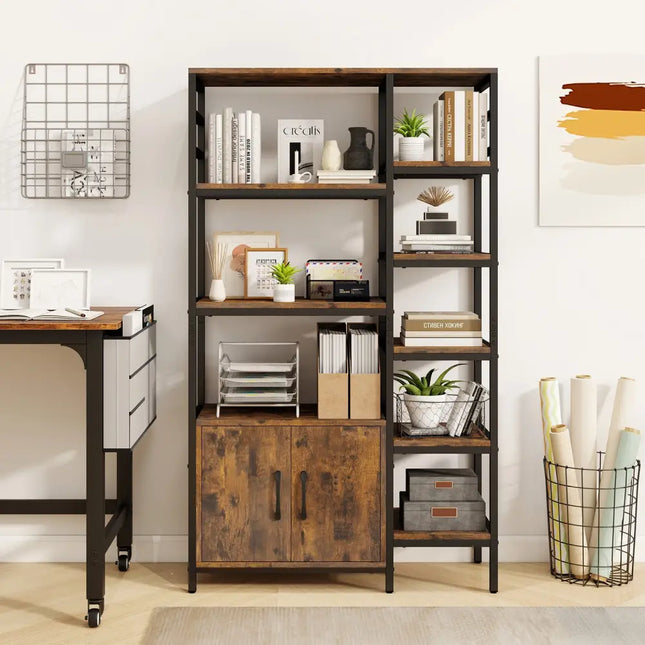 Double Wide 8-Tier Bookshelf with 2-Door Cabinet for Living Room Home Office-Rustic Brown - Rustic Brown - Bookcases