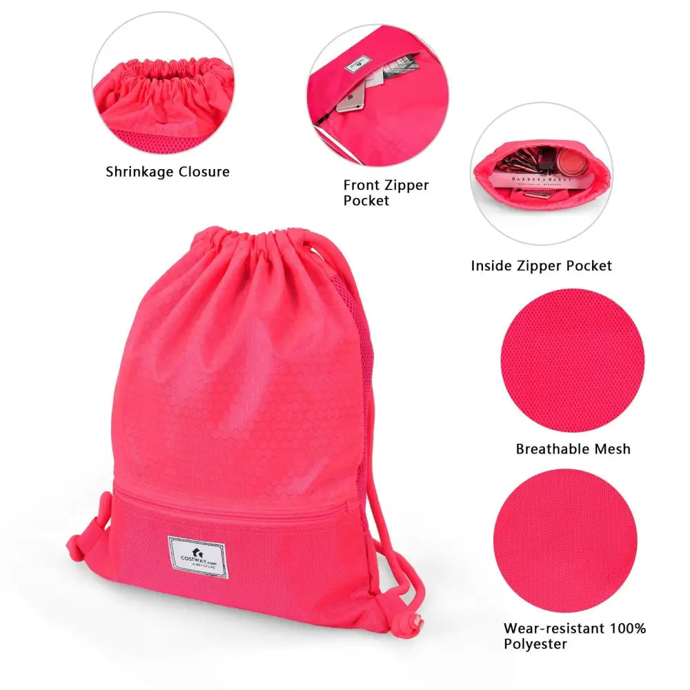 Drawstring Backpack String Bag Foldable Sports Sack with Zipper Pocket-Pink - Pink - Camping