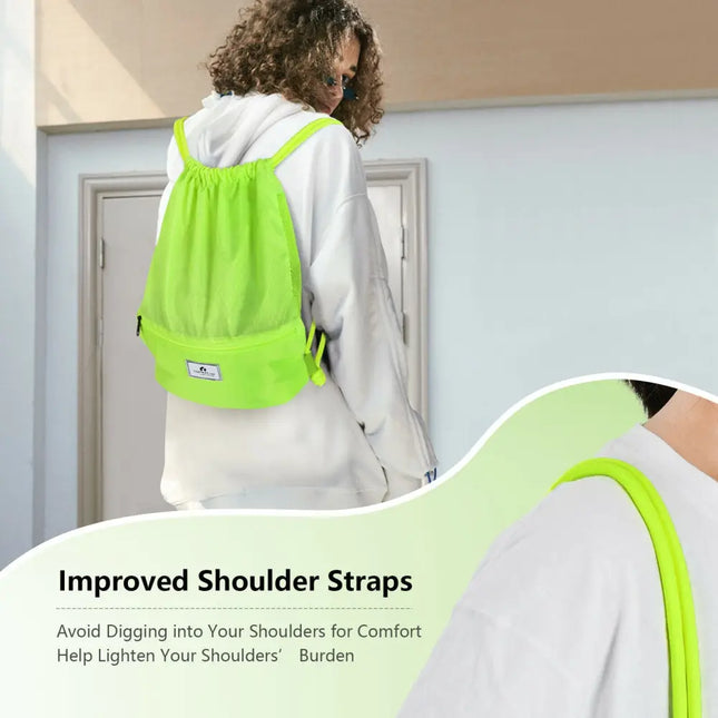 Drawstring Backpack String Bag Foldable Sports Sack with Zipper Pocket-Green - Green - Camping