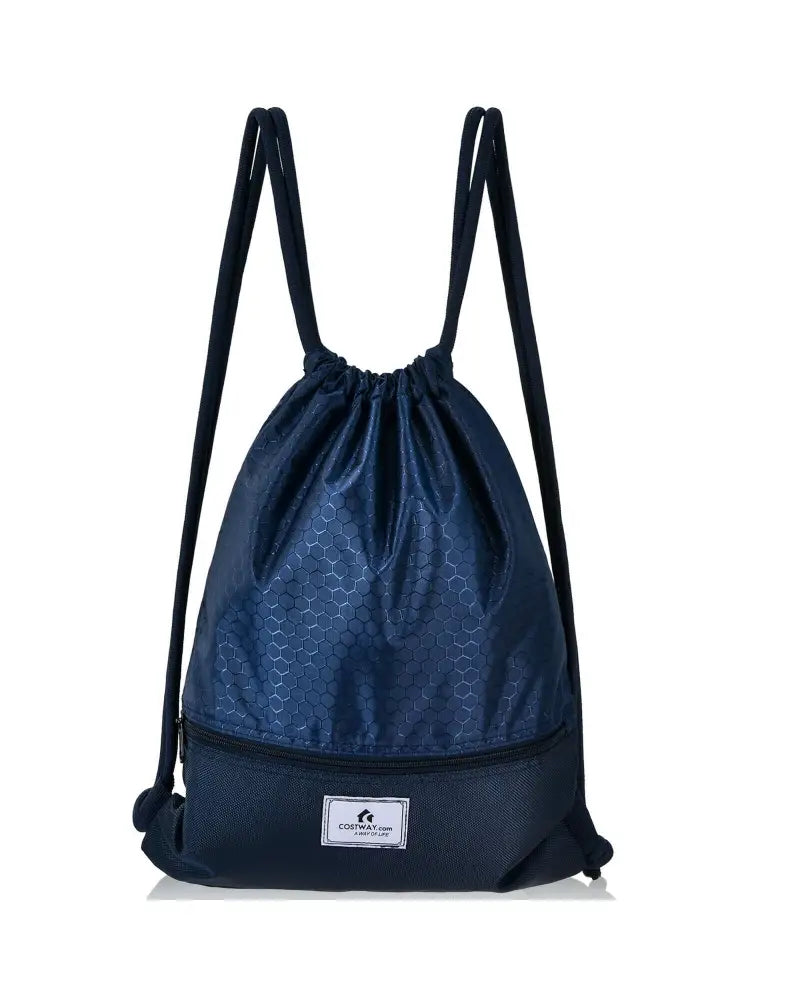 Drawstring Backpack String Bag Foldable Sports Sack with Zipper Pocket-Dark Blue - Dark Blue - Camping