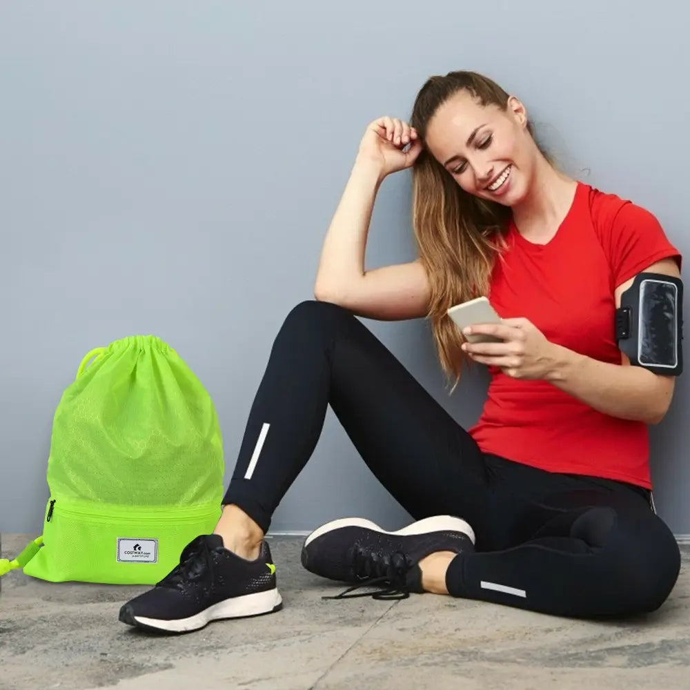 Drawstring Backpack String Bag Foldable Sports Sack with Zipper Pocket-Green - Green - Camping