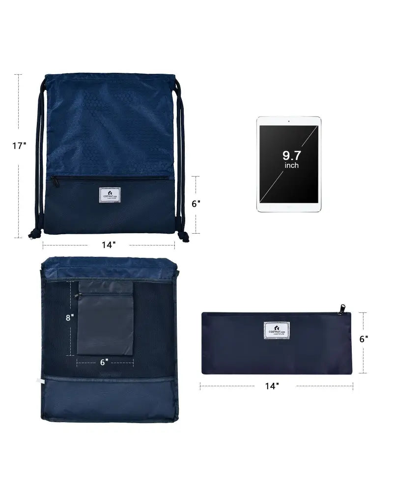 Drawstring Backpack String Bag Foldable Sports Sack with Zipper Pocket-Dark Blue - Dark Blue - Camping