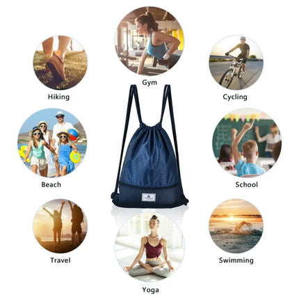 Drawstring Backpack String Bag Foldable Sports Sack with Zipper Pocket-Dark Blue - Dark Blue - Camping