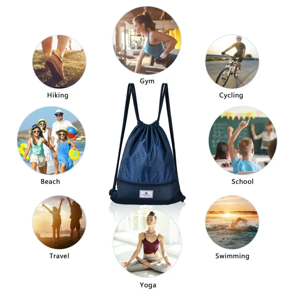 Drawstring Backpack String Bag Foldable Sports Sack with Zipper Pocket-Dark Blue - Dark Blue - Camping