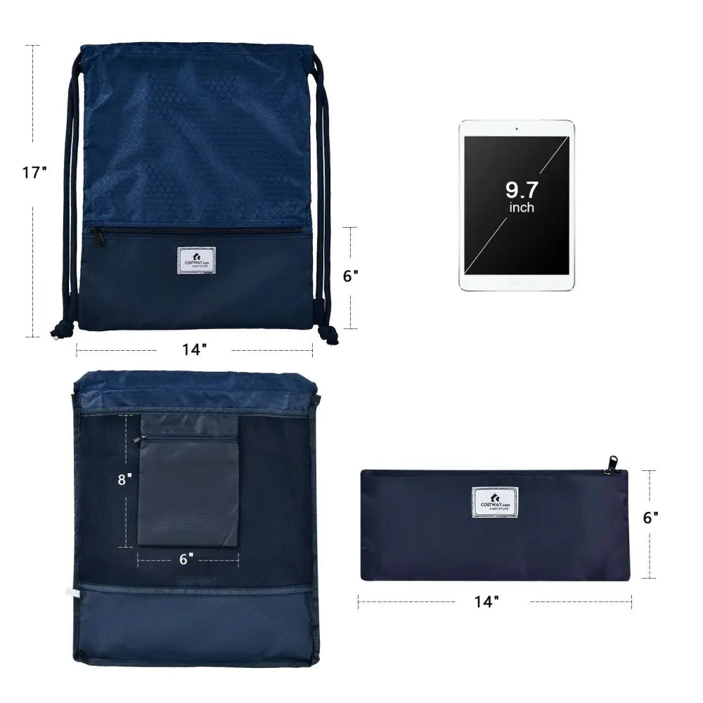 Drawstring Backpack String Bag Foldable Sports Sack with Zipper Pocket-Dark Blue - Dark Blue - Camping