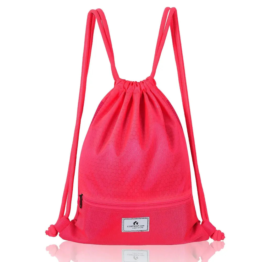 Drawstring Backpack String Bag Foldable Sports Sack with Zipper Pocket-Pink - Pink - Camping