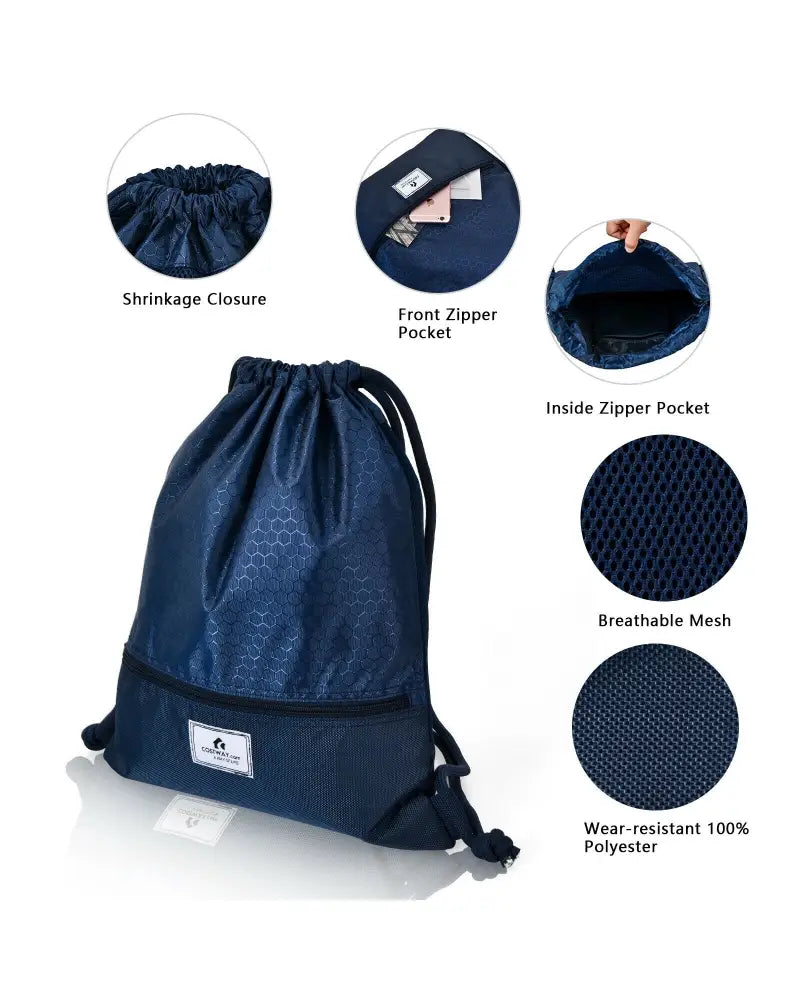Drawstring Backpack String Bag Foldable Sports Sack with Zipper Pocket-Dark Blue - Dark Blue - Camping